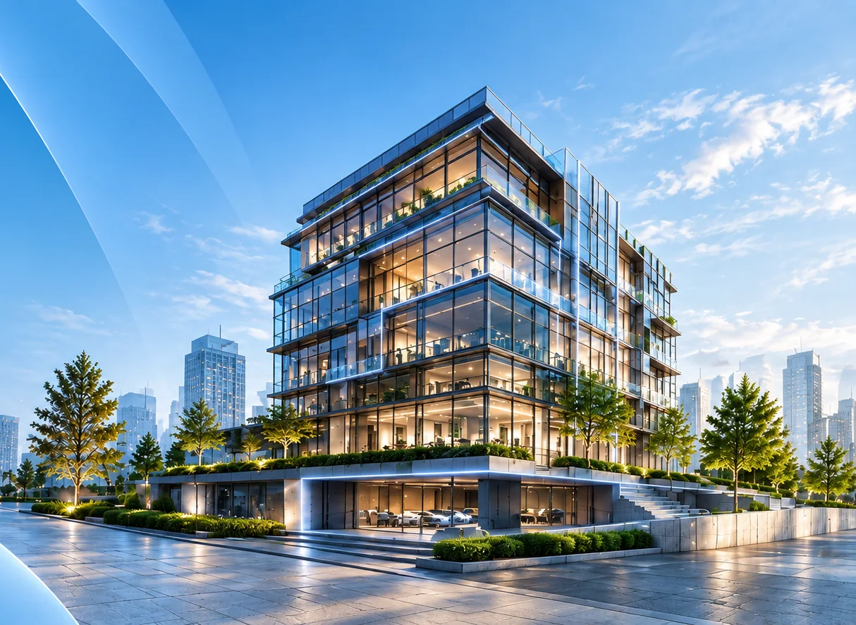 Glass office building in daylight with automation lines